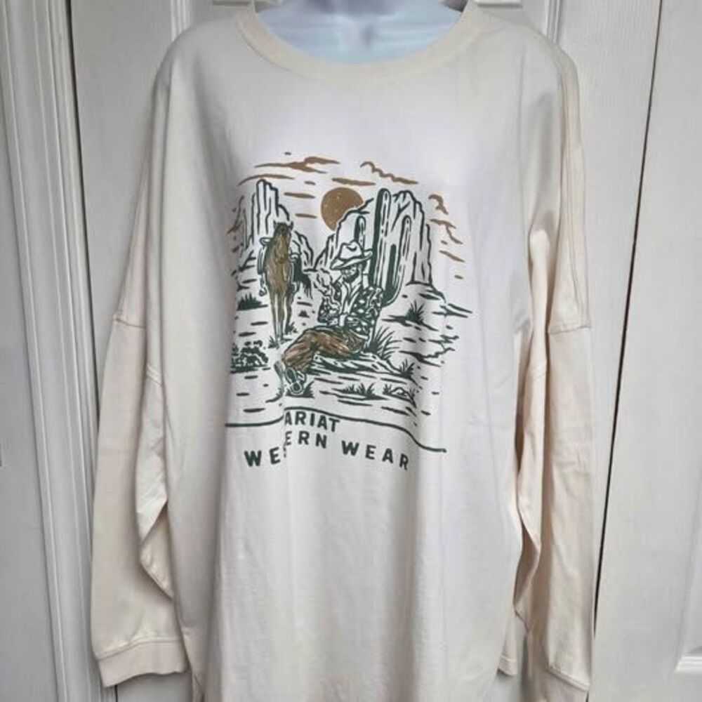 Ariat womens XXL oversize fit ivory western graphic long sleeve shirt new